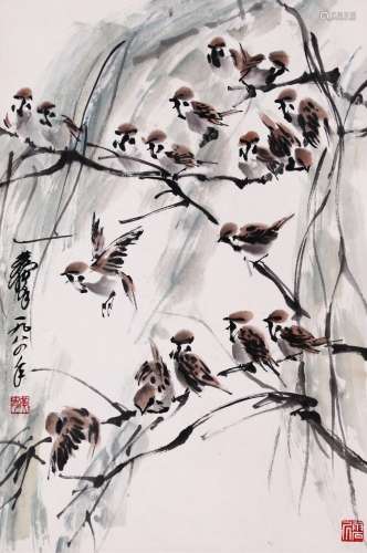 CHINESE SCROLL PAINTING OF SPARROWS ON TREE WITH PUBLISHED BOOK