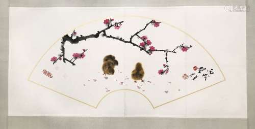 CHINESE FAN PAINTING OF CHICKEN AND FLOWER