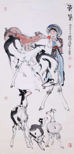 CHINESE SCROLL PAINTING OF GIRL AND DEER WITH PUBLISHED BOOK