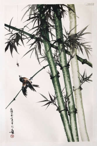 CHINESE SCROLL PAINTING OF SPARROW AND BAMBOO