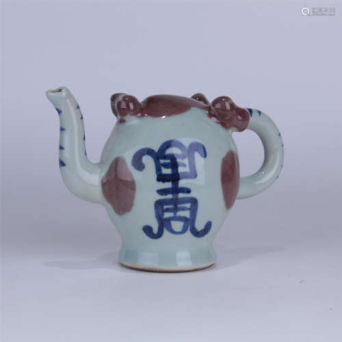 CHINESE PORCELAIN BLUE AND WHITE RED UNDER GLAZE TEA POT
