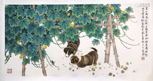 CHINESE SCROLL PAINTING OF PUPPY UNDER LEAF