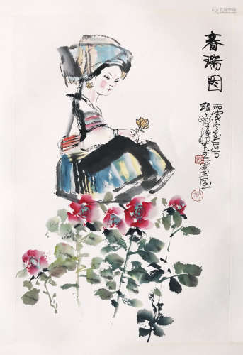 CHINESE SCROLL PAINTING OF GIRL AND FLOWER