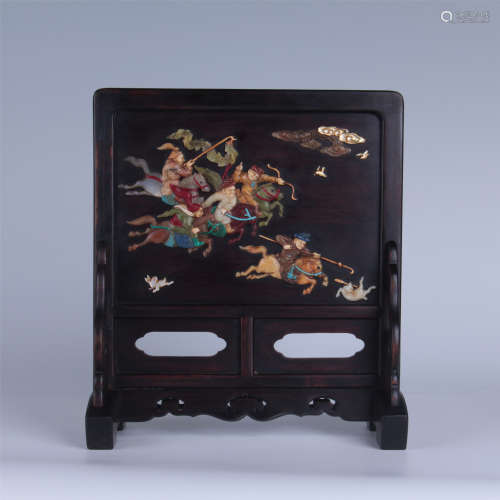 CHINESE GEM STONE INLAID ROSEWOOD TABLE SCREEN