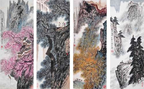 FOUR PANELS OF CHINESE SCROLL PAINTING OF MOUNTAIN VIEWS