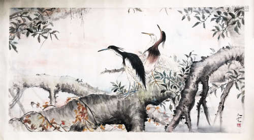 CHINESE SCROLL PAINTING OF CRANES ON TREE