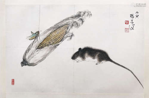 CHINESE SCROLL PAINTING OF MOUSE AND CORN