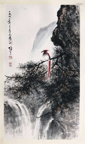 CHINESE SCROLL PAINTING OF BIRD ON PINE