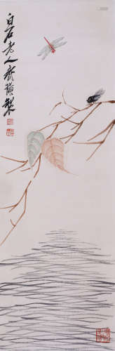 CHINESE SCROLL PAINTING OF INSECT ON LEAF WITH PUBLISHED BOOK