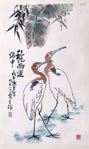 CHINESE SCROLL PAINTING OF CRANES UNDER LEAF