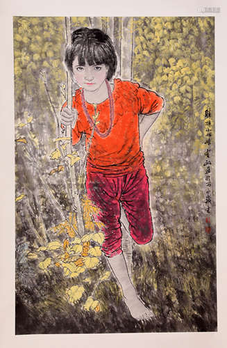 CHINESE SCROLL PAINTING OF GIRL IN GARDEN