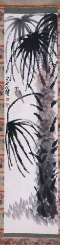 CHINESE SCROLL PAINTING OF BIRD ON PALM TREE WITH PUBLISHED BOOK