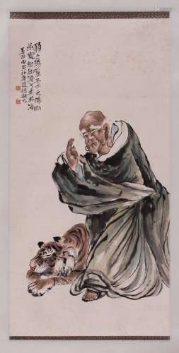 CHINESE SCROLL PAINTING OF LOHAN WITH TIGER