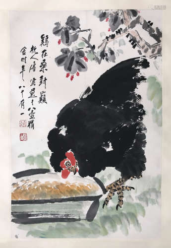 CHINESE SCROLL PAINTING OF CHICKEN AND FLOWER