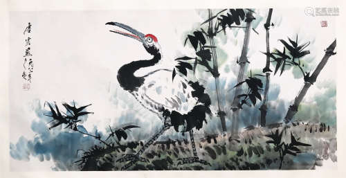 CHINESE SCROLL PAINTING OF CRANE AND BAMBOO