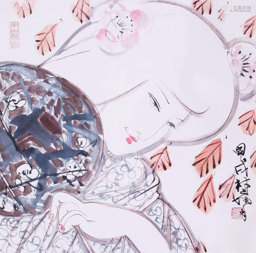 CHINESE SCROLL PAINTING OF BEAUTY WITH FAN AND PUBLISHED BOOK