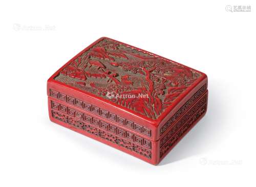 清 剔红山水人物纹漆盒