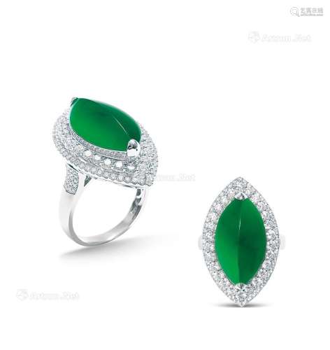 珍贵天然满绿马眼形翡翠配钻石戒指