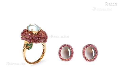 天然冰种翡翠蛋面配粉色蓝宝石戒指、耳环套装
