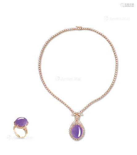 珍贵天然紫罗兰翡翠蛋面配钻石项链、戒指套装