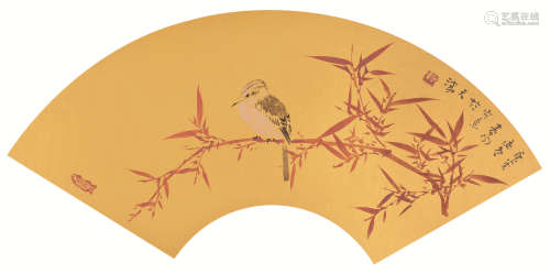 霍春阳 红竹小鸟 设色纸本 卡板