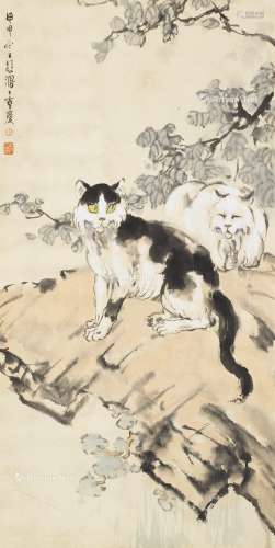徐悲鸿（1895～1953） 1944年作 梧叶双猫 镜心 纸本