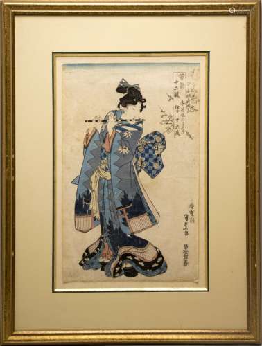 Estampe oban tate e représentant une geisha jouant...
