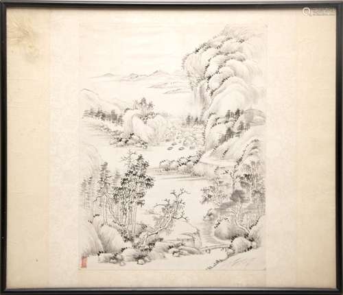 Encre sur papier figurant un paysage lacustre sur ...