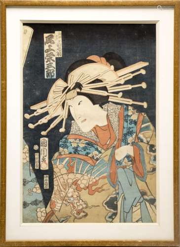 Estampe oban tate e représentant une geisha. Signé...