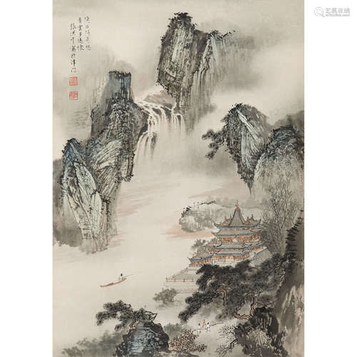 张洪千（b.1941） 江天阁楼图 立轴 纸本设色