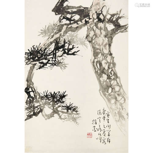孙其峰（b.1920） 1980年作 松树指画 托片 纸本设色