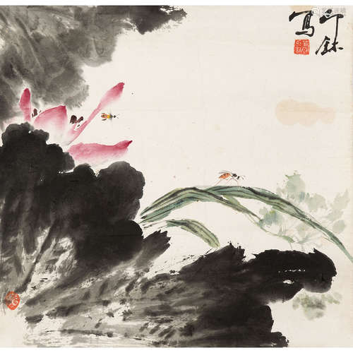 萧朗（1917～2010） 荷花 镜片 纸本设色