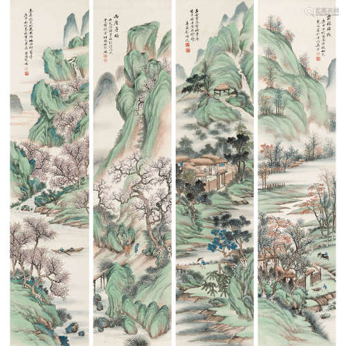 彭旸（1859～？） 1920年作 山水 四条屏镜心 纸本设色