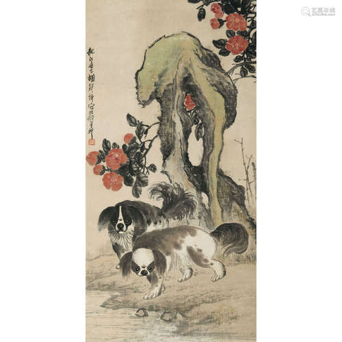 胡郯卿（1865～1942） 花卉双犬 镜片 纸本设色