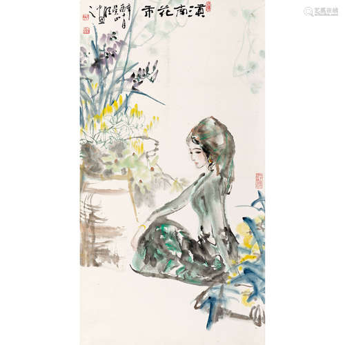 吴山明（b.1941） 1981年作 滇南花市 立轴 纸本设色