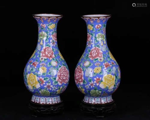 PAIR ENAMELED FLORAL PATTERN VASES