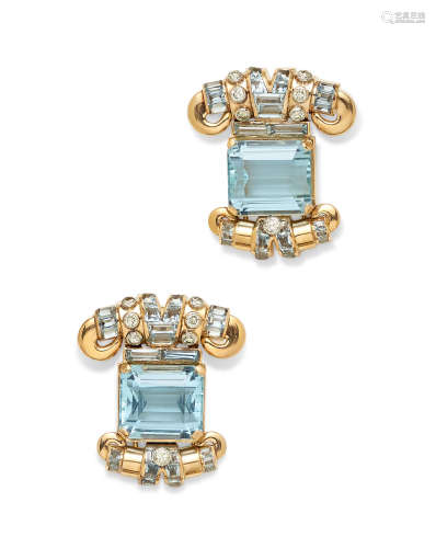 A pair of Retro aquamarine, diamond and gold dress clips, circa 1945
