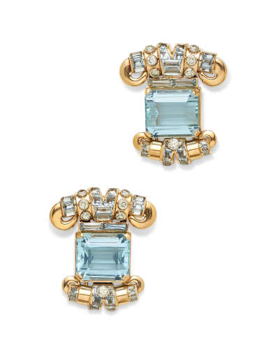 A pair of Retro aquamarine, diamond and gold dress clips, circa 1945