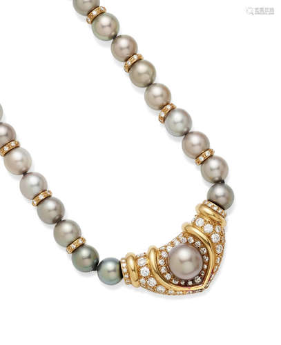 A colored Cultured Pearl, Diamond and Gold Necklace