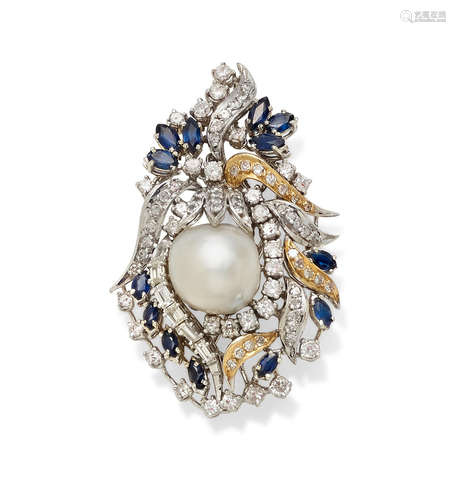 A cultured pearl, sapphire, diamond and bi-color gold brooch/pendant