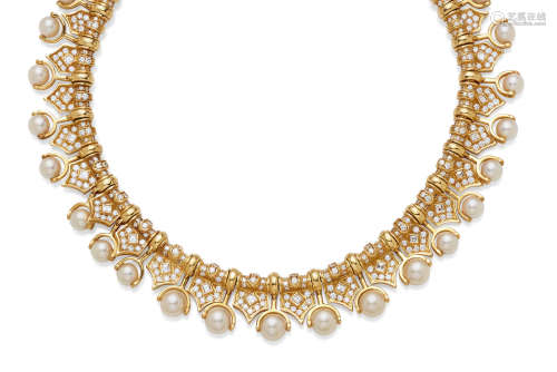 A cultured pearl, diamond and 18k gold collar necklace