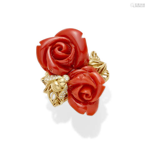 A coral, diamond and 18K gold ring,  Dior