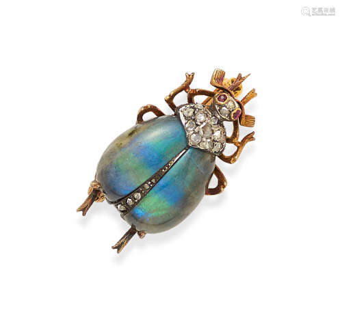 A mid 19th century labradorite, diamond, ruby and gold beetle brooch, circa 1860