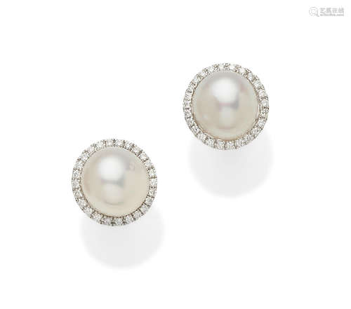 A pair of cultured pearl, diamond and 18k white gold ear studs