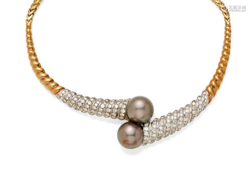 A colored Cultured Pearl, Diamond and 18k bi-color Gold Necklace