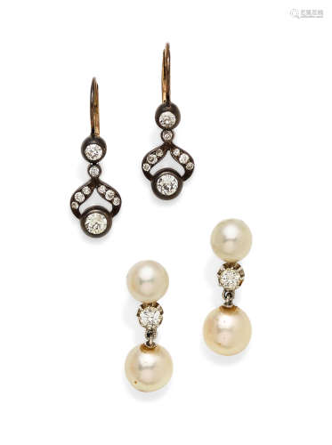 Two pairs of cultured pearl, diamond, silver-topped gold and 14k white gold ear pendants