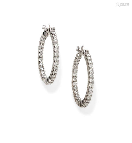 A Pair of Diamond and 18k White Gold Hoop Earrings, Hearts on Fire