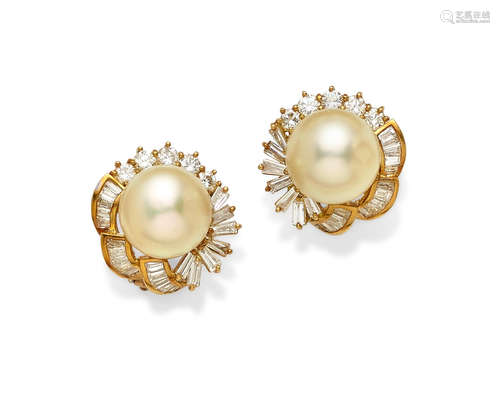 A pair of Cultured Pearl, Diamond and 14k Gold Ear Clips