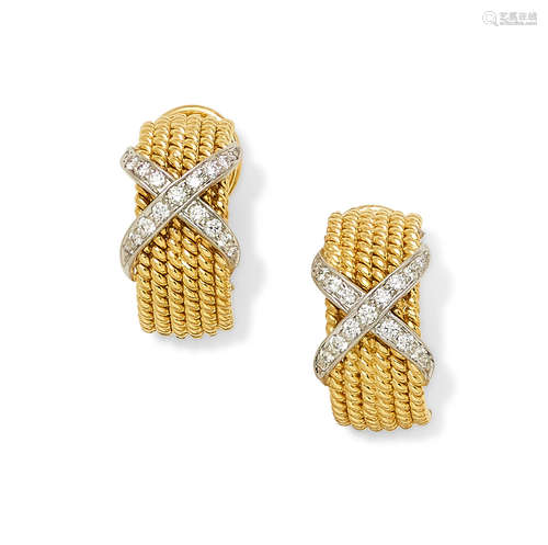 A pair of diamond, 18k gold and platinum 'X' ear clips, Schlumberger for Tiffany & Co.