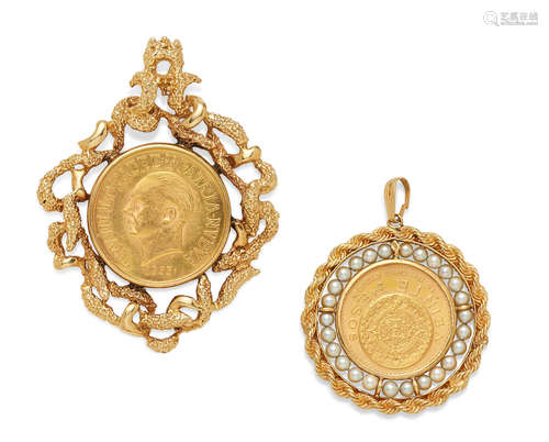 Two gold coin, cultured pearl and 14K gold pendants